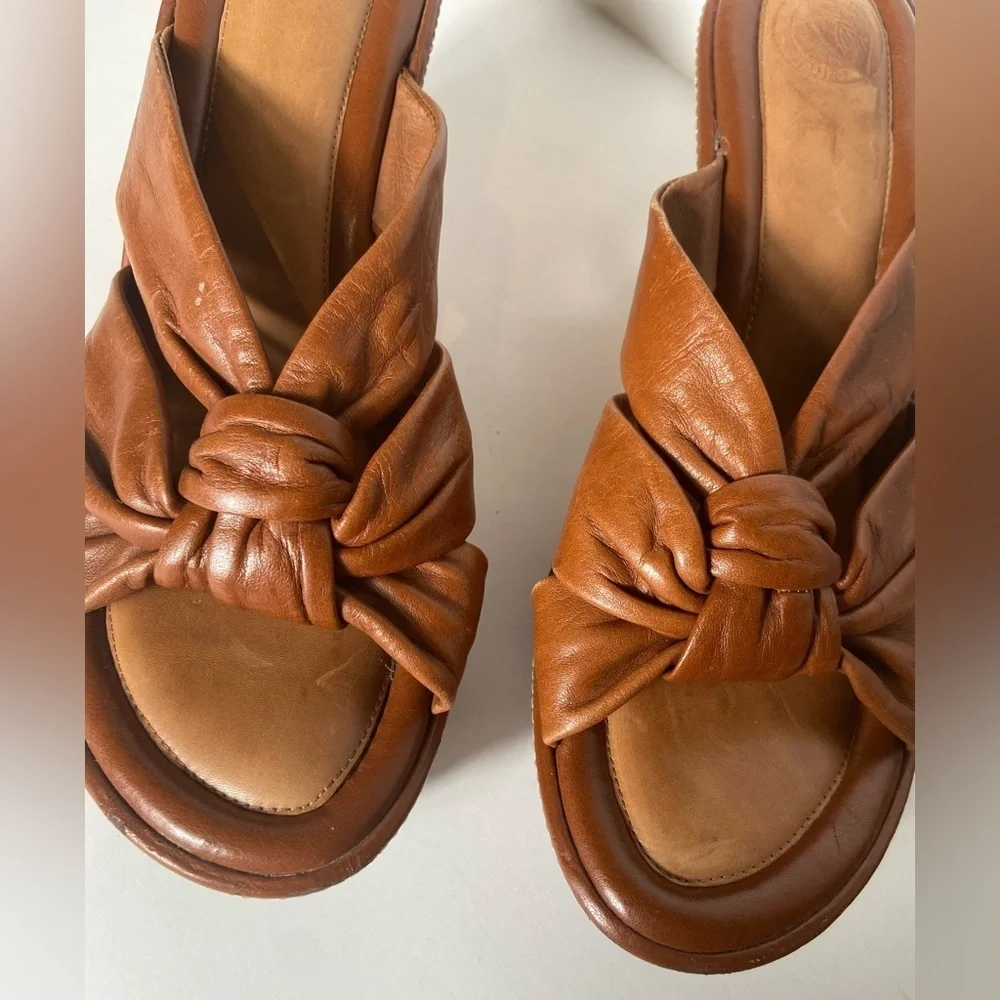 Nurture~Cognac~Leather~Knotted/Trim Design~Cork Wedge~Platform Sandal~Size 7.5
